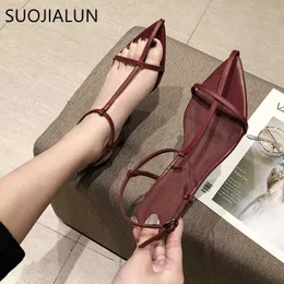 SUOJIALUN Summer Sandals 2022 New Women Sandal Fashion Narrow Band Ladies Gladiator Thin Low Heel Ankle Strap Dress Part 1aae