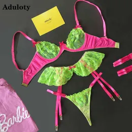 NXY SEXY Conjunto de novas femininas sexy de renda fluorescente de renda bordada com calcinha de aranha de aço de aço coletado malha de malha de sutiã Lingerie 1130