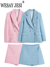 Tvådelad klänning Wesay Jesi Womens Suit Blazers Double Breasted Jacket Textured Coat Slim Mini Kjol 2 Sets Lady Streetwear 230208