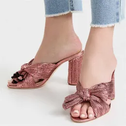 Klackar höga 2022 sandaler chunky sommarmulor mode öppen tå plus storlek spärr söt kvinnliga fjäril knutfestskor utanför tofflor t230208 681