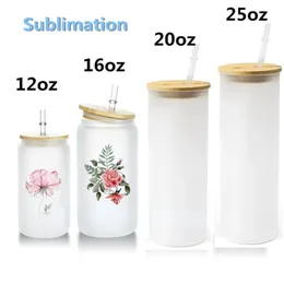 12oz 16oz 20oz 25oz Water Bottles Sublimation Glass Can Tumbler Clear Frosted Jar with Bamboo Lid Wide Mouth Beer Cup Festival Party Wine Tumblers DHL
