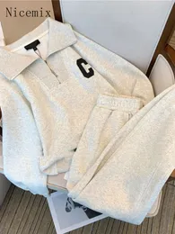 Kadınlar iki parçalı pantolon kadife kalınlaşmış yaka sweatshirt takım elbise unisex sonbahar kış büyük boy uzun kollu gömlek rahat eşofman tozluk 2pcs set 230209