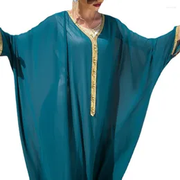 Ropa étnica Cape Lake Blue Gold Ribbon Bathirt Loose Bata Medio Oriente Marruecos Dubai Elegante Vestido Long 2023 Fashion Ramadan Muslim