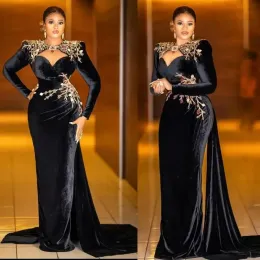 Classic Black African Dubai Prom Dresses 2023 Full Sleeve Velvet Mermaid Dress Beading Applique Evening Formal Party Gowns