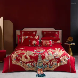 Bedding Sets Luxury Red Chinese Wedding Set 1400TC Egyptian Cotton Gold Dragon Phoenix Embroidery Duvet Cover Bed Sheet Pillowcases
