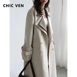 Women's Trench Coats CHIC VEN Women Trench Solid Loose Contrast Double Collar Double Breasted Long Women's Windbreaker Coat Office Lady Spring 230209