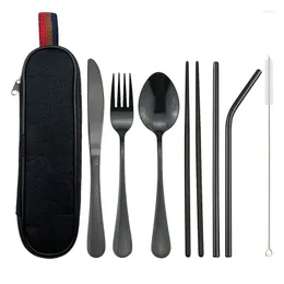 Dinnerware Define Black Set Travel Travel Cutlery Faca Dinner Facho Spoon 18/10 Aço inoxidável Talheres de mesa com bolsa