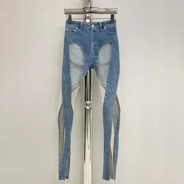 Womens Jeans Y2k Fashion Denim High Waist Spiral Hollow Out Mesh