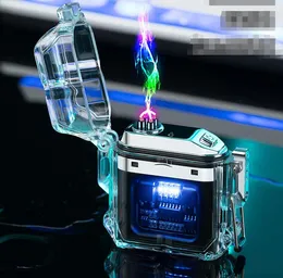 최신 바람 방수 방수 듀얼 아크 플라즈마 가벼운 투명 바디 USB 충전식 담배 흡연 라이터 선물 상자 랜시드 abs