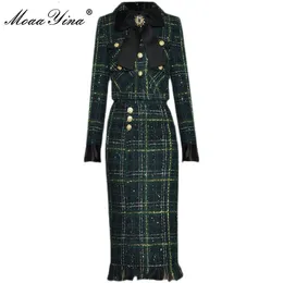 Dwuczęściowa sukienka Moaayina Projektant mody Winter Tweed spódnice garnitury damski łuk koralik z długim rękawem mączkowca spódnica 2 sztuki zestaw 230209
