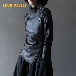 Skóra damska Faux Umi mao ciemny Yamamoto Style nieregularny stojak Kołnierz Kllar przekątna bluza zamek błyskawiczna Kobieta chłodna czarna gotycka kurtka Y2K 230209
