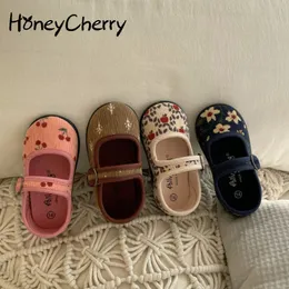 Sneakers HoneyCherry Corduroy Floral Canvas Shoes Girls Square Mouth Indoor Soft Soled Non slip 230209