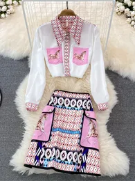 2 피스 드레스 패션 활주로 여름 치마 정장 여성용 말 형상 인쇄 블라우스 및 라인 포켓 버튼 2 세트 230209