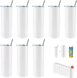 20oz Mugs Sublimation White Straight Tumbler Set Stainless Steel Insulated Travel Office Tumbler with Closed Lid Straw Slim Water Cup DIY Gifts