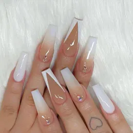 False Nails Glossy French White Gradient Long Ballerina Coffin 가짜 손톱 팁 제거 가능한 Ombre Art Full Cover Press on