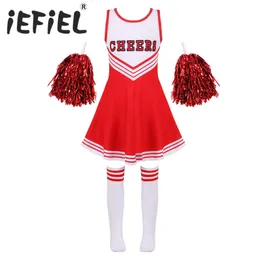 Cheerleading Kind Mädchen Cheerleading Kostüme Uniform Ärmellos Briefdruck Tanz Cosplay Rollenspiel Kleid mit Socken für Bühnenauftritt 230210