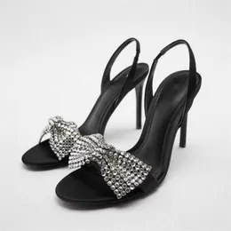 Sandaler paljetter kvinnor svart bow traf rhinestone rund tå hög klackade skor kvinna elegant prom stilettpumpar sommar t ee