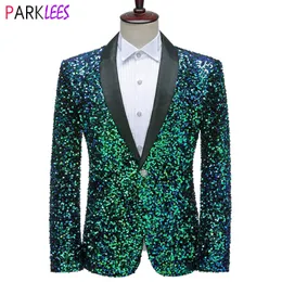 Herrenanzüge Blazer Glänzende grüne Pailletten Bling Glitzer Blazer Männer Schalkragen One Button Smoking Anzüge Blazer Herren Hochzeit Party Bühnenkostüme 230210