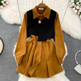 Casual Dresses French Retro Style Long-sleeved Lapel Single-breasted Waist Dress Round Neck Waistcoat Two-piece Set