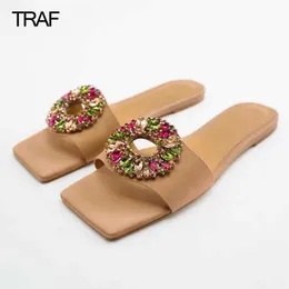 Kvinna 2022 Sandaler Traf Summer Rhinestone Female Fashion Flat Slippers Elegant Women's Designer Party Casual Brand Shoe T230208 870