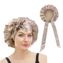 2023 New Hair Accessories Large Sleep Cap Solid Color Imitation Silk Satin Women's Hair Caps Binding Bow Round Hat Headband Bonnet