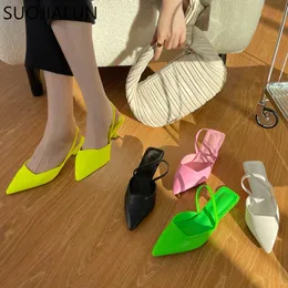 2022 Ladies Low SUOJIALUN Slingback Pumps Sandals Spring Elegant Kitten Heel Mules Pointed Toe Slip On Dress Shoes T230208 133