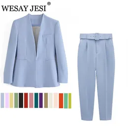 Kvinnor Tvåbitar byxor Wesay Jesi Fashion Blazer Office Suit Pantsuit Simple Solid Color Collar Long Sleeve Trousers 2 Set 230209