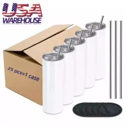 USA Warehouse 20oz Edelstahl -Wärmeübertragung Drucken Tumbler Vakuum isoliert dünne geradlinige Sublimation leere weiße Tumbler