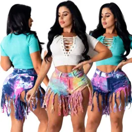 Jeans summer shorts ripped hips hip cover low waist high elastic tie-dye fringed women's hot pants 9028