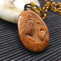 Pendant Necklaces Buddhist Natural Yellow Dragon Stone Hand Carved Guanyin Male Buddha Necklace Female Amulet Sweater Chain Gift Dropship