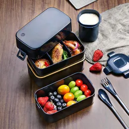 Servis uppsättningar Lunch Box Fresh Keep Container Bento Dual Layer Microwave Oven Boxes Outdoor Travel Picnic School Work Blue