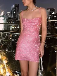 Casual Dresses ALLNeon 90er Jahre Rave Outfit Glitzer Wasserfallausschnitt Schnürung Pailletten Kleid Y2K Clubwear Sexy Rückenfrei Figurbetontes Träger Minikleid Party Tuch T230210