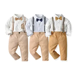 Kläder sätter gentleman kläder för barnpojke 1 2 3 4 5 6 7 år gamla barn blus spänningsbyxor barn brun bröllop kostym födelsedag outfit w230210