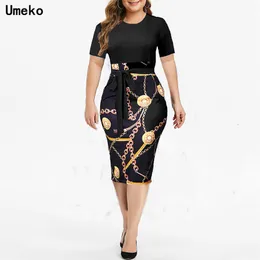 Casual Dresses Summer formal Plus Size S-5XL Chain Print Bodycon Dress Women Clothes Short Sleeve O Neck Slim Bow Belted Midi Dresses Ladies 230210