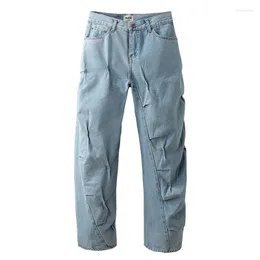 Men's Jeans Hi Street Irregular Pleated Pants Washed Loose Streetwear Denim Trousers For Male Blue