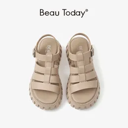 Kvinnor Sandaler Beautoday Platform Open Toe Slingback Ankle Buckle Strap äkta läder Casual utomhus sommarsko B1E7