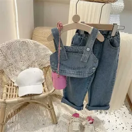 Kläderuppsättningar Melario Denim Girls Set Children's Wear Solid Color Cowboy Suit mode Nya sommarflickor Cowboy Vest breddade benbyxor Suit W230210