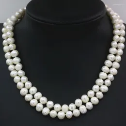 Catene 8-9mm Perle coltivate di perle d'acqua dolce bianche naturali 2 file Collana per donna Catena Regali eleganti Girocollo Gioielli 18 pollici B3229