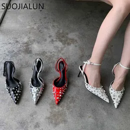 2024 Branda de sandálias de sapatos novas Suojialun Spring Moda pontual dos dedos elegantes sandálias de slingback Zapatilla de Muje T230208 665 S