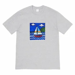 20FW Cartoon Sailboat Мужские футболки для рисования коробка на улице Американское лето-ограниченная высокая улица Дизайнерские футболки дышащие модные пары с коротким рукавом Tjamtx11111