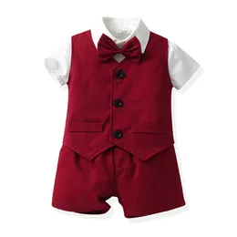 Комплекты одежды 2023 Baby Boy Summer New Clothing Sets Формальные джентльмены в стиле Bowtie White Proomvestpants 3pcs наряды детей для мальчиков.