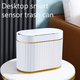 Waste Bins 4L Smart Sensor Trash Can Desk Small Lovely Mini Light Luxury Wind Mini Basket Bucket Small Papelera Escritorio 230210