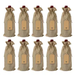 Present Wrap 10pcs 12st Rustic Jute Burlap Wine Bags DrawString Bottle Covers Återanvändbart paket 230209