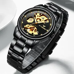 Orologi da polso FNGEEN Orologio meccanico da uomo Moda quadrante vuoto Cinturino in acciaio nero impermeabile Anti caduta Resistente all'usura per Steampunk