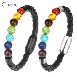 Pulseiras de charme ckysee color preta colorida couro aço inoxidável fecho magnético bracelete homem natural 7 chakra stone badles