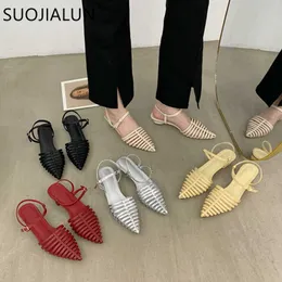 SUOJIALUN Pointed Sandals 2022 Toe Women New Brand Sandal Fashion Narrow Band Hollow Out Slingback Shoes Round Low Heel Eelgant Pumps T230208 29