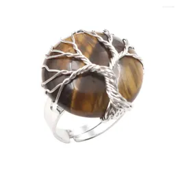 Cluster-Ringe runder Tigerauge-Stein, versilbert, Drahtwickel, Baum des Lebens, größenverstellbarer Ring, Opalith-Opal-Schmuck