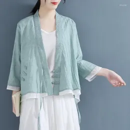 Roupas étnicas Mulheres Camisa de Linho Tops Estilo Chinês Vintage Retro Cardigan Casaco Fada Tai Chi Tang Terno Respirável Casual Hanfu 31151