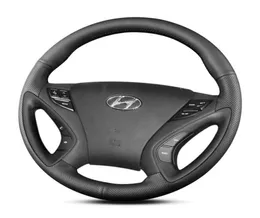 Hyundai Sonata 8th 201115 Black Leather DIY Hand Sewn Sewn Steering Wheel Cover Interior Handleカバー2054815
