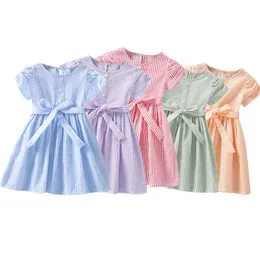 Mädchenkleider 1–6 Jahre, Prinzessin, Kleinkind, Kind, Baby, gestreift, kurzärmelig, mit Gürtel, Kleid, Outfits für Mädchen